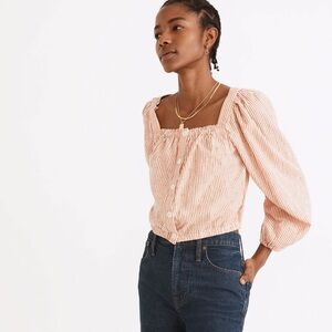 Madewell Puff-Sleeve Button-Front Crop Top in Embroidered Stripe XS